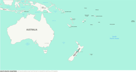 South Pacific Countries map. Detailed world Map Vector with Country,Capital,City Names.