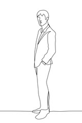 an attractive man stands in full growth in a suit, his hands in his pockets. One continuous line art man posing for a photo. Can be used for animation