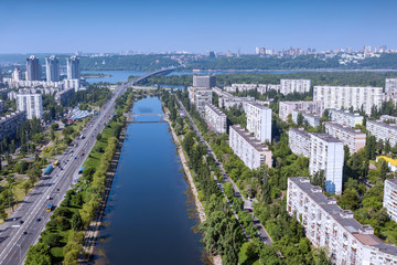 Rusanovsky channel aerial view. Kiev panorama view