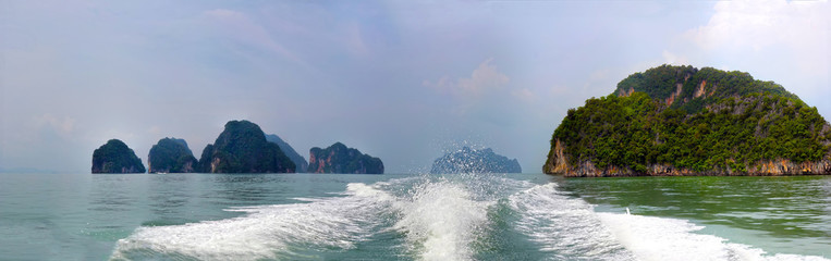 Boat trip, uninhabited island, . water excursion. Panoramic panorama. - 370897448