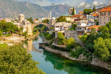 Fototapeta na wymiar Mostar bridge in Bosnia and Herzegovina. Colorful landscape