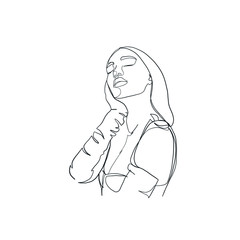 Woman portrait drawn by one continuous black line. Hand drawn girl