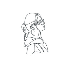 Woman portrait drawn by one continuous black line. Hand drawn girl