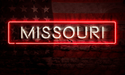 Missouri State Graphic Neon Sign On Brick Wall With American Flag