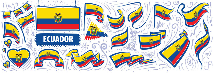 Obraz premium Vector set of the national flag of Ecuador in various creative designs