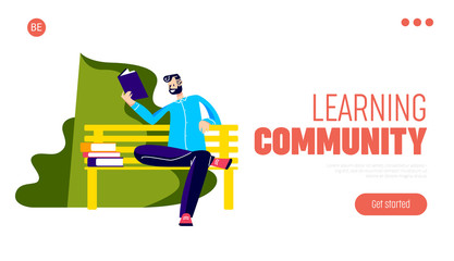 Learning community landing page with man sitting on bench in park and reading books