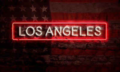 Los Angeles Neon Sign On Brick American Flag