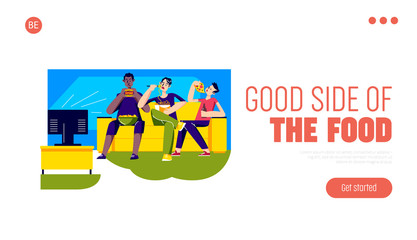 Fast food and nutrition landing page design with cartoons eating junk food in front of tv