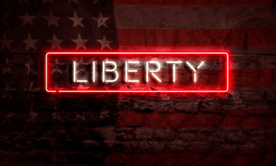 Obraz premium Liberty Patriotic Neon Sign On Brick American Flag