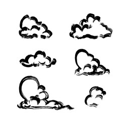 Set of clouds painted by brushes against white background. Sketch of the sky. 