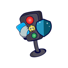 Traffic light character cartoon illustration with phone and security. Design template vector