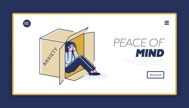 Anxiety and depression illness landing page with anxious woman hiding in cardboard box