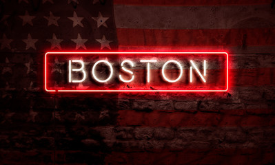 Obraz premium Boston Neon Sign On Brick American Flag