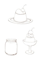かわいいプリンの3点セットの線画