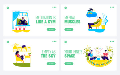Set of landing pages with people meditating. Template background for home yoga and meditation