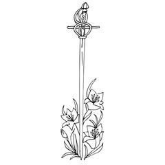 Vector drawing of an old sword with a figured handle. The outline drawing of a sword entwined with lilies is isolated on a white background.  hand-drawn style. For tattoo, logo, design, coloring.