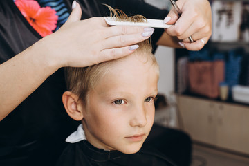 Hair cutting with scissors. Blonde boy at the barbershop. High quality photo