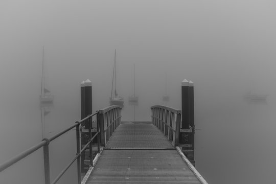 Wharf and Boats in the Fog in Black and White