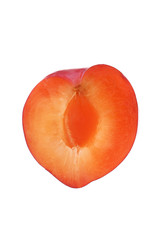 Isolated plums. One and a half of red plum fruit with leaves isolated on white background.