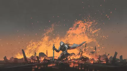 Foto op Plexiglas ridder met het magische zwaard zittend op het vuur, digitale kunststijl, illustratie schilderij © grandfailure