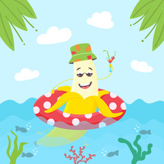 Obraz na płótnie Canvas Summer banana character swims in an inflatable circle. Summer character in panama and cocktail. Yellow smiling fruit with peel. Vector illustration