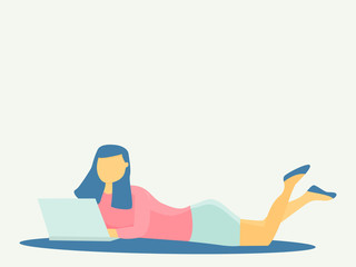 Woman working from home with her laptop. Employee vector illustration. Freelance cartoon. Banner with place for text. 