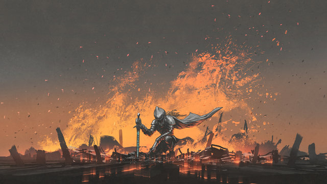 Fototapeta knight with the magic sword sitting on the fire, digital art style, illustration painting
