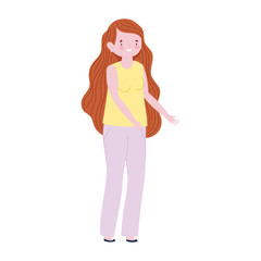 young woman long hair cartoon avatar standing female isolated icon