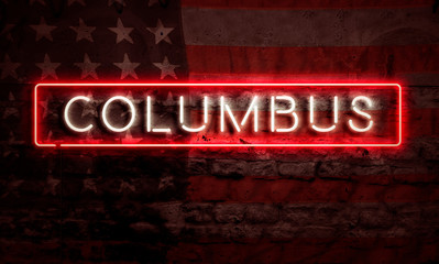 Columbus Neon Sign On Brick American Flag