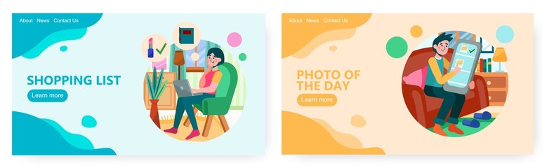 Woman shopping online from her chair at home. Concept illustration. Vector web site design template