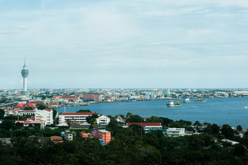 Cityscape and Chaopraya river, Samutprakan city, Thailand, Aug 06, 2020