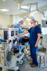Intensive care emergency room with artificial lung ventilation monitor in the intensive care unit....