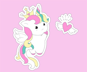 Cute Unicorn princess cartoon pony child vector, Kawaii animal character with heart, Nursery Fairy tales magic. For greeting card, Print t shirt, fashion art. 