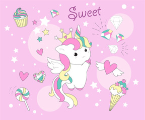 Cute Unicorn princess cartoon pony child vector, Kawaii animal character with heart, Nursery Fairy tales magic. For greeting card, Print t shirt, fashion art. 