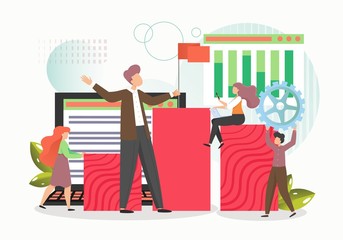 Successful business man leader with red flag leading his team to success, vector flat illustration