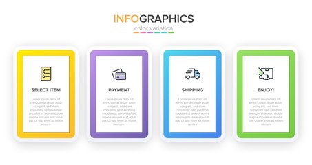 Naklejka na ściany i meble Concept of shopping process with 4 successive steps. Four colorful graphic elements. Timeline design for brochure, presentation, web site. Infographic design layout.