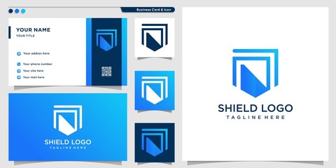 Shield logo with gradient colour style and business card design template, logo template, Premium Vector