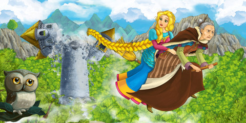 Obraz na płótnie Canvas cartoon scene with owl with princess and witch flying