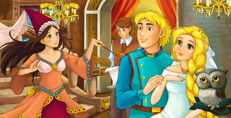 Obraz na płótnie Canvas cartoon scene with owl with prince and princess married couple