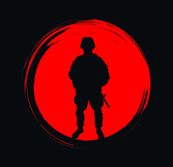 Silhouette of a soldier on a red background. The red circle is a symbol of the sun.