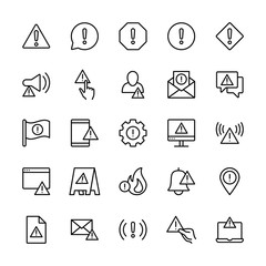 Warning and attention vector symbol icons set. Contains such icons as alert, exclamation mark, warning sign, danger, error and more. Isolated collection of alert for web sites. Editable stroke.