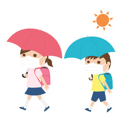 紫外線対策で傘をさして登校するマスクをした小学生たちのイラスト。