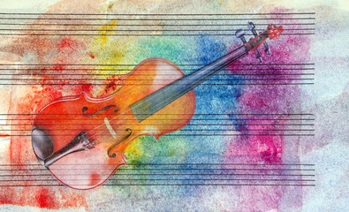 Vintage violin background. Melody concept. Old music sheet in colorful watercolor paint and violin....