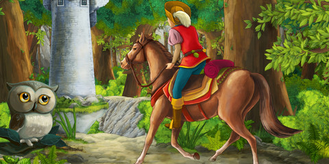 cartoon scene with owl with prince in the journey on the horse riding