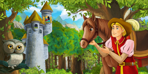 cartoon scene with owl with prince in the journey on the horse riding