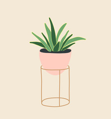 Yucca plant in ceramic flowerpot. Houseplant isolated. Trendy hugge style, urban decor. Hand drawn sketch, naive art. Print, poster, banner, wallpaper. Logo, label. Green, pink, beige pastel colors.