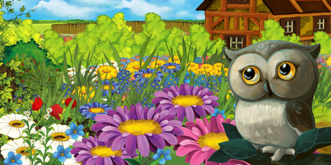 cartoon farm nature scene with owl with nobody on the stage