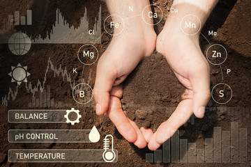 Agronomist with handful of soil outdoors, closeup
