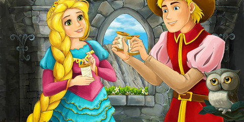 cartoon scene with owl with happy princess and prince near the castle