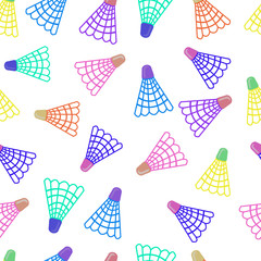 Vector seamless pattern of colored shuttlecocks for badminton. Sports seamless pattern. Sports banner. Background for active events.